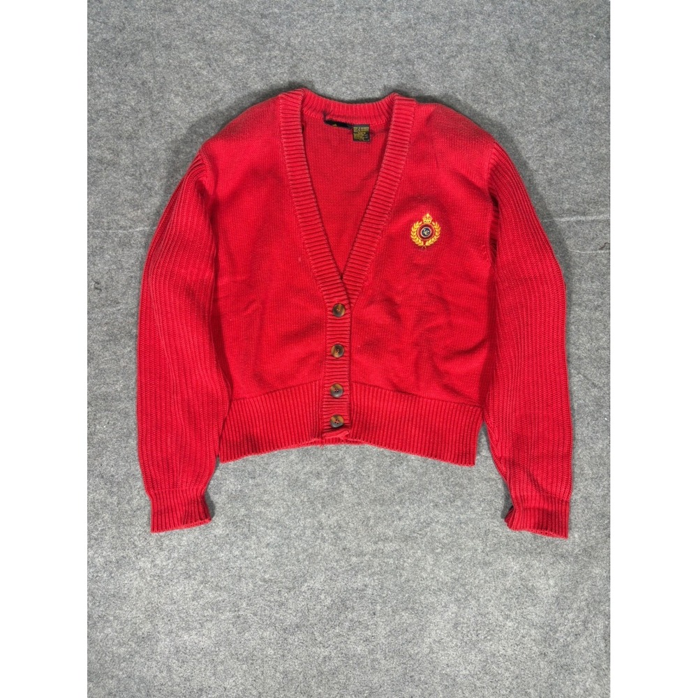 Lizsport Liz Claiborne Red V-Neck Cardigan Sweater Embroidered Crest Womens‎ S/C